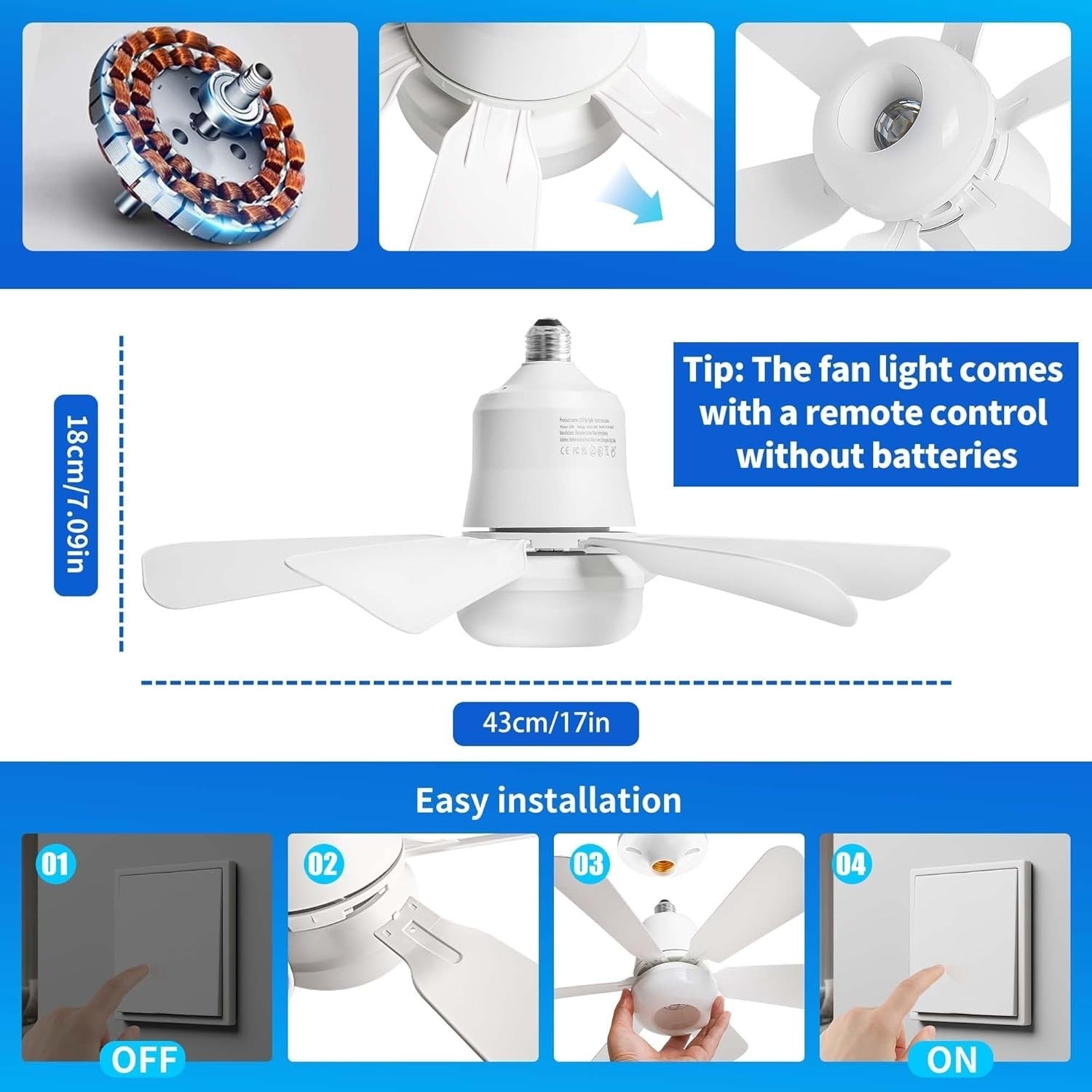 16.9-Inch Ceiling Fan with Light, Multicolour, Dimmable, Remote Control