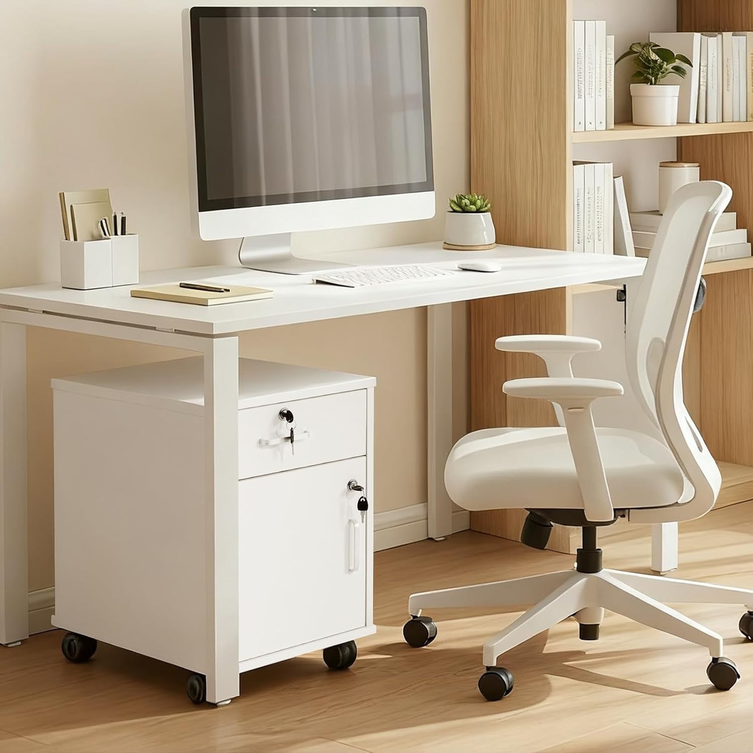 White Mobile File Cabinet 40cm Lockable Under Desk Office Storage