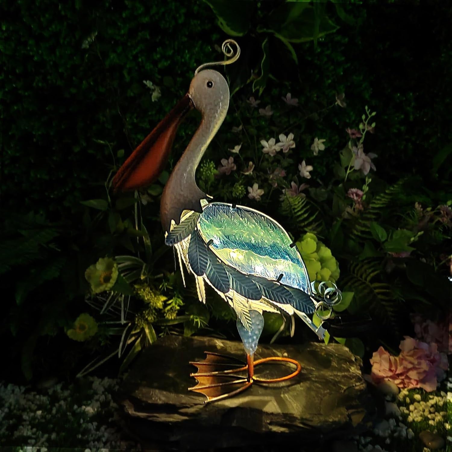 Solar Metal Pelican Garden Statue 19" Coastal Bird Ornament Outdoor Yard Decor
