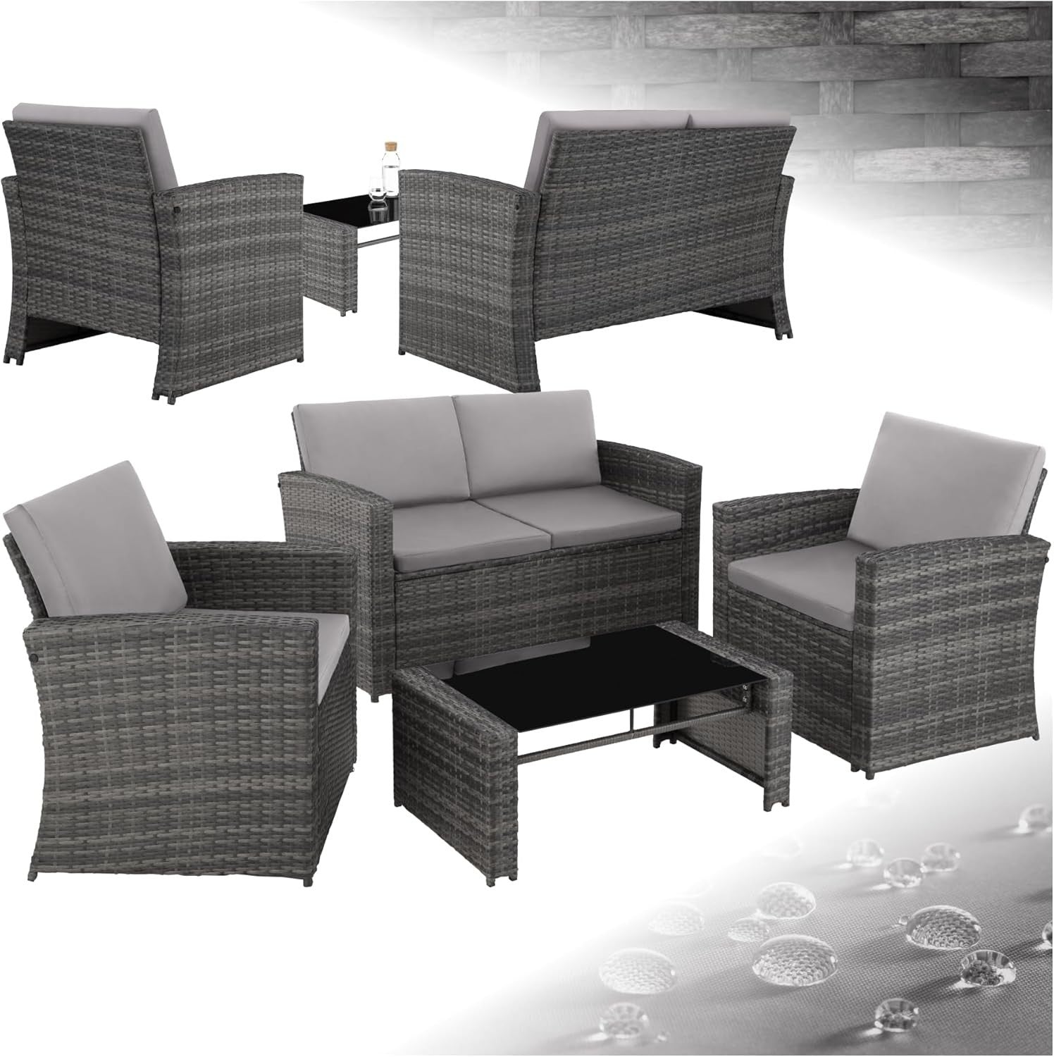 Rattan Garden Furniture Set 4 Seater Sofa Chairs Table Grey Cushions