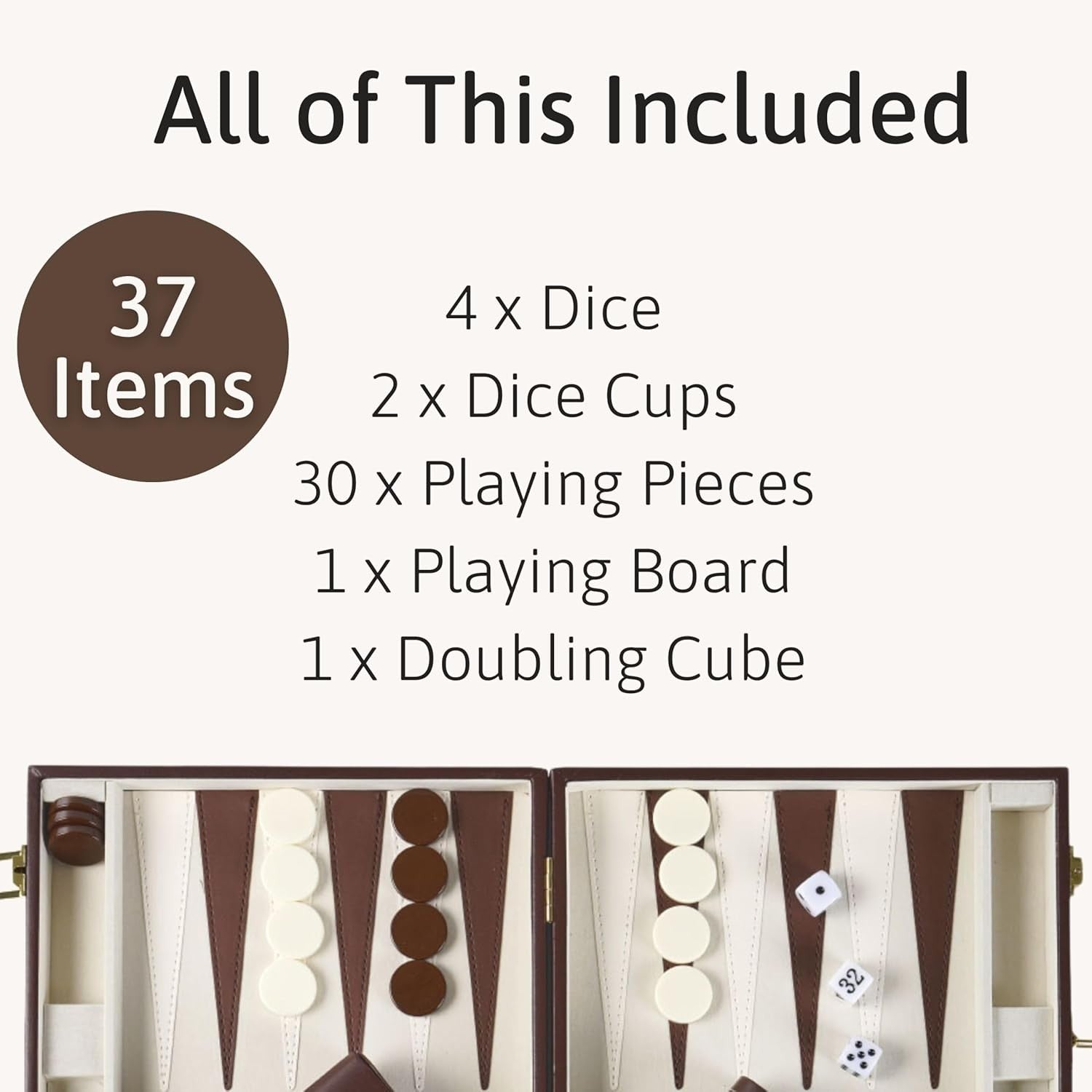Luxury Backgammon Set 15 Inch Travel Board with Leather Case Dice Cups