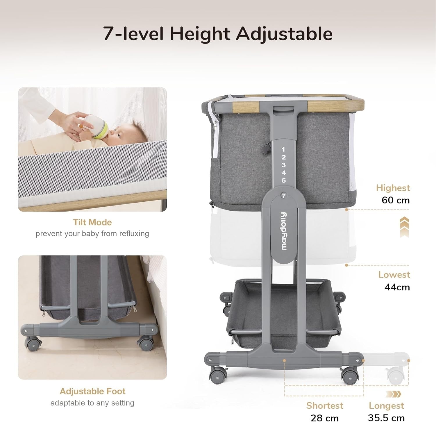 3in1 Baby Rocking Bassinet Bedside Crib Co-Sleeper Cot Breathable Mesh Grey