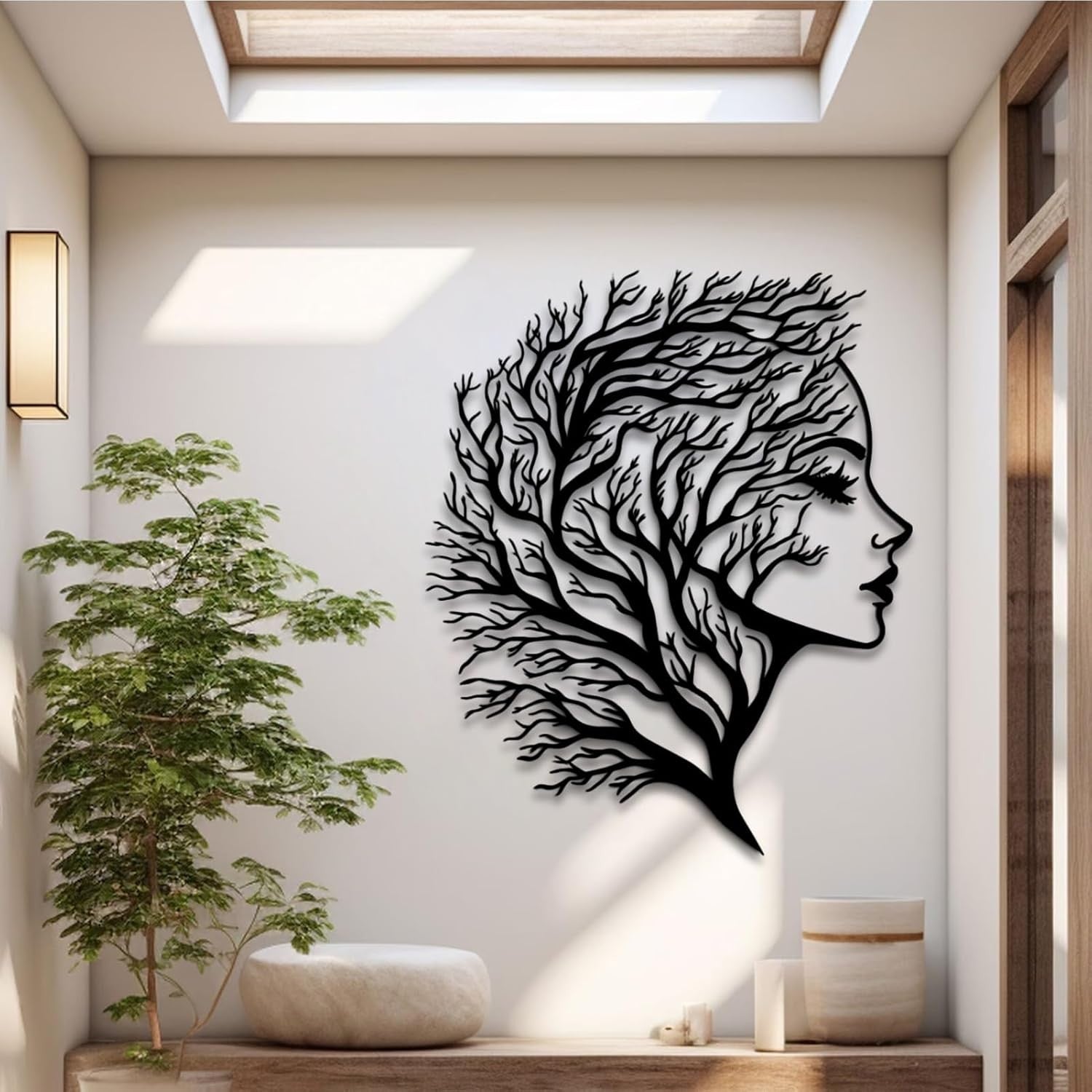 Metal Tree Wall Art with Woman Face 70x58cm Modern Decor