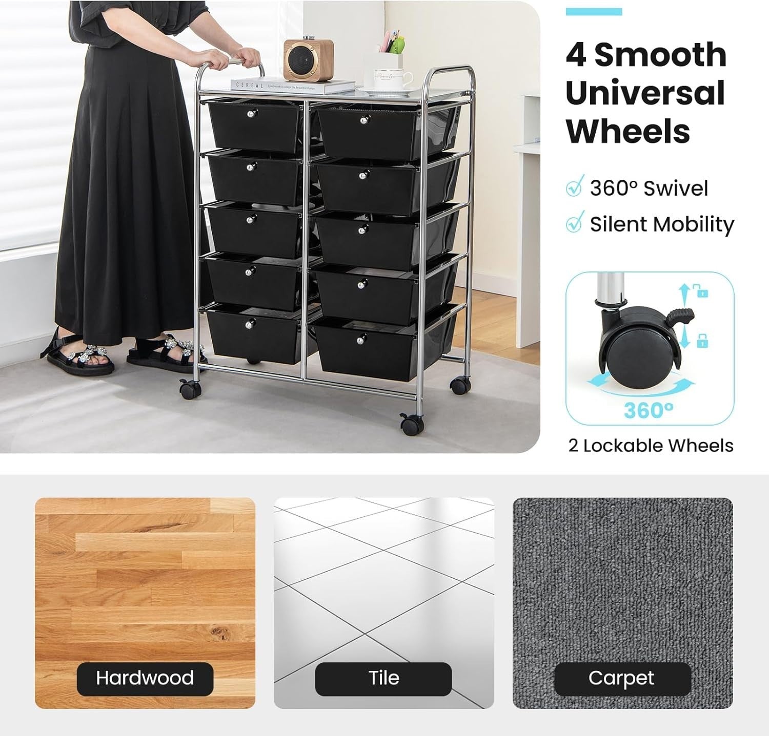 Black 10 Drawer Rolling Storage Cart Utility Trolley Office Organizer