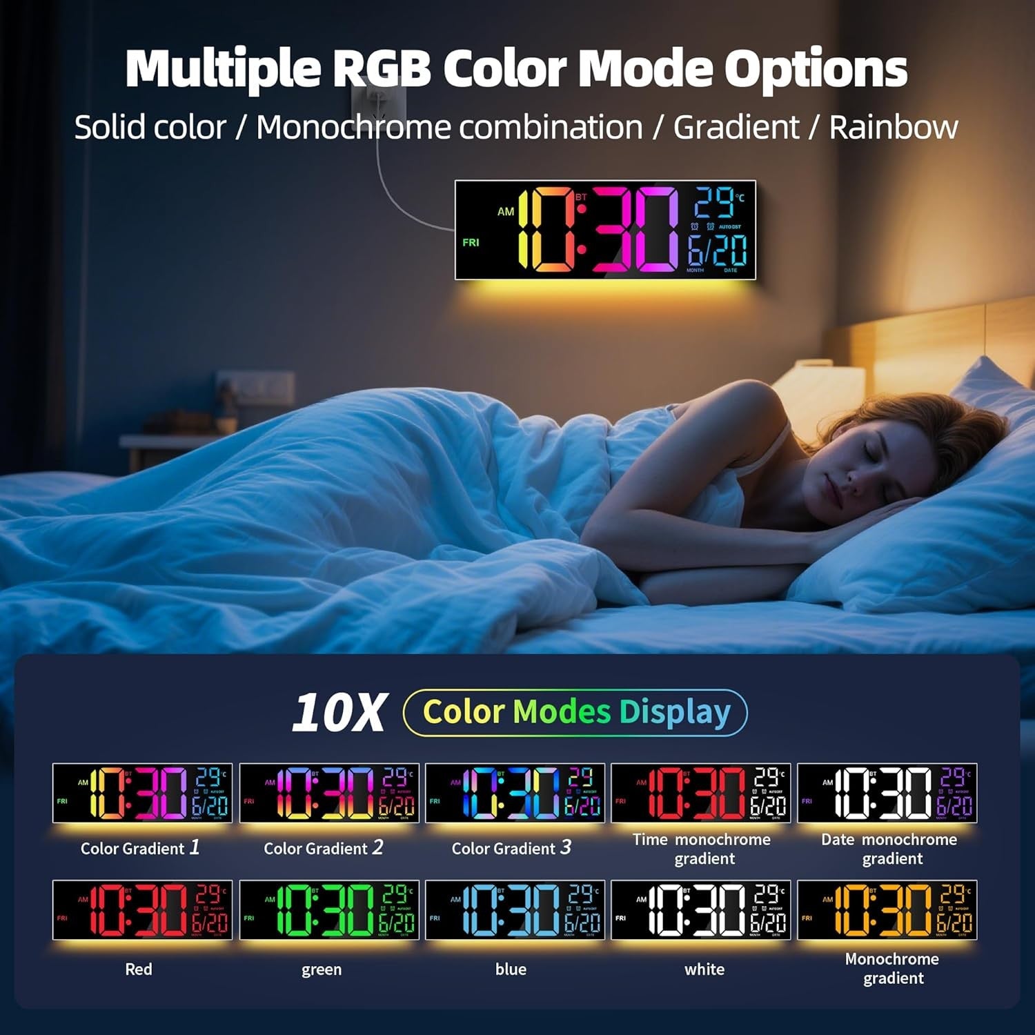 Large 16" Digital Wall Clock RGB LED Display Temp Date Alarm Remote Sync