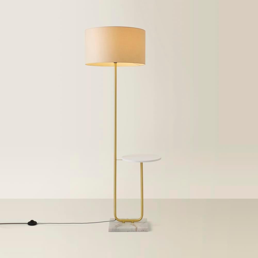 Modern Gold Marble Floor Lamp with Shelf & Natural Shade, 152cm Tall