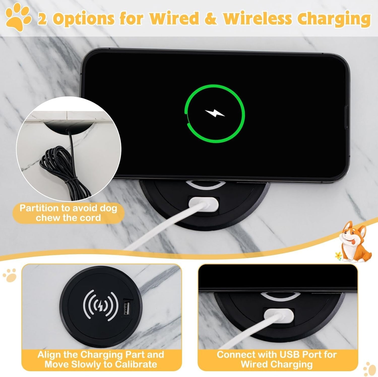 Wooden Dog Crate with Drawer & Wireless Charging Table Indoor Pet Kennel 64cm