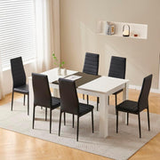 White 7-Piece Dining Table Set with Black Leather Chairs – Space-Saving