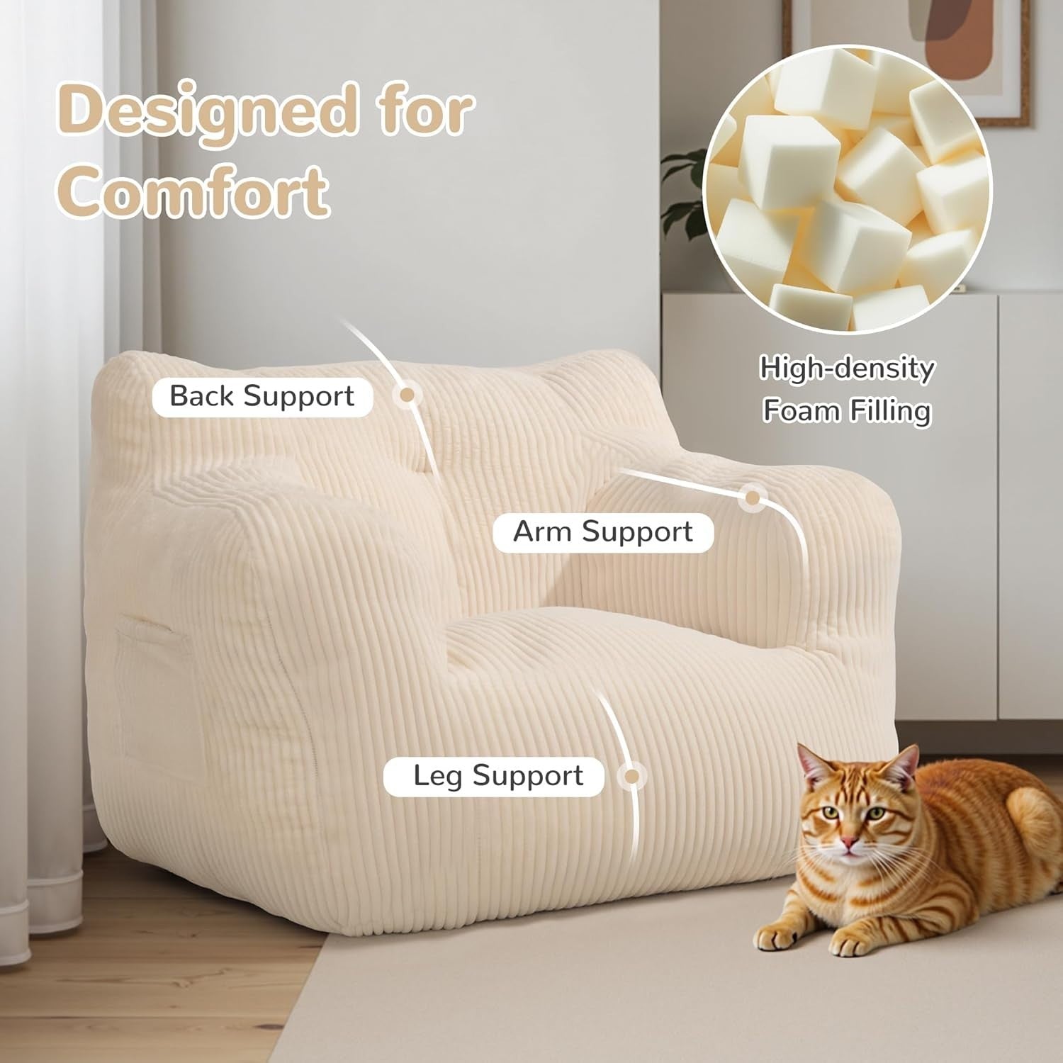 Comfy Bean Bag Chair for Adults with Sponge Filling, Ergonomic Sofa - Beige