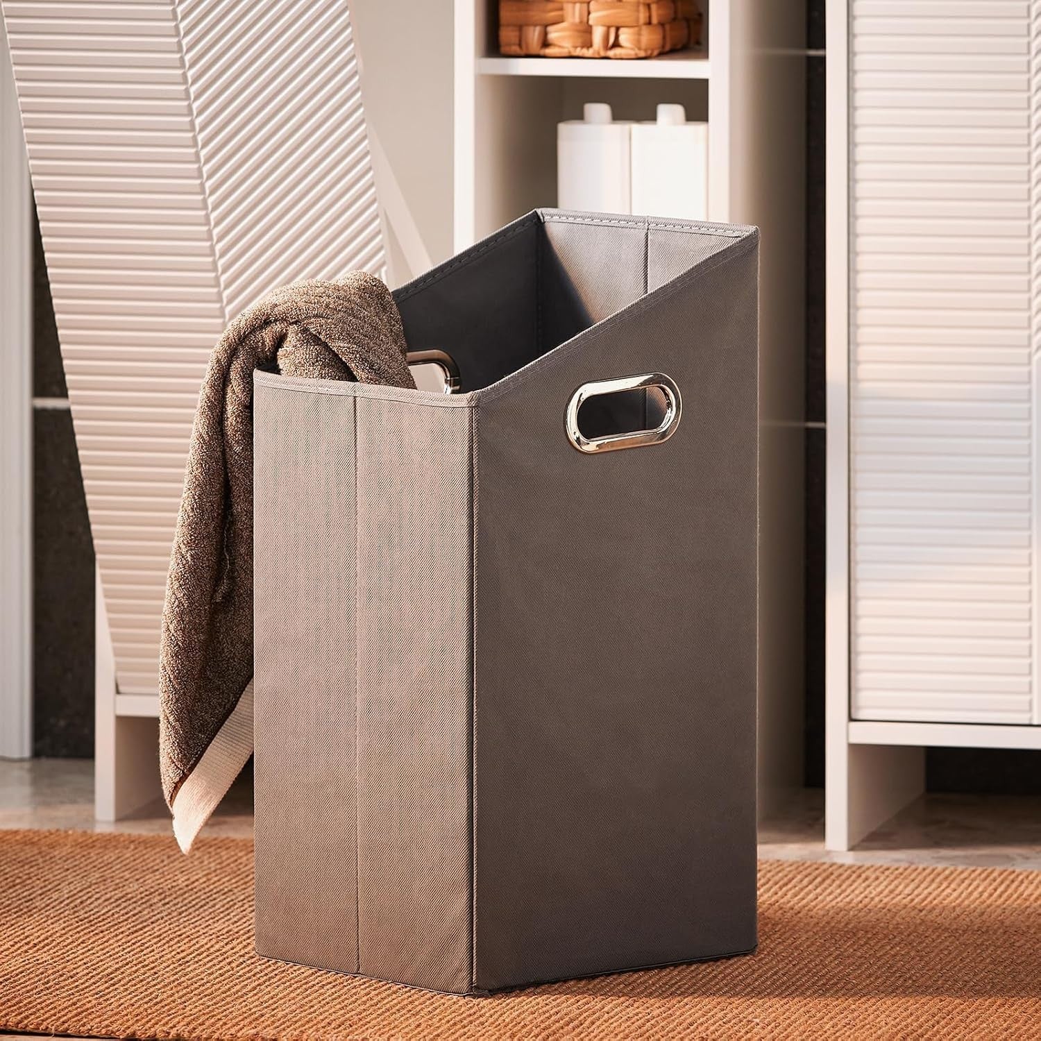 Slim Bathroom Storage Cabinet with Laundry Hamper White Tall Unit 86×50×30cm