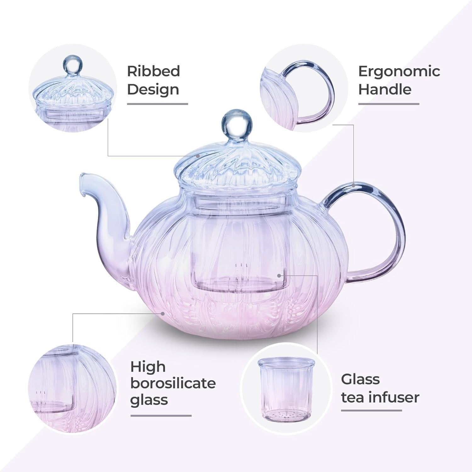 1000ml Glass Teapot with Infuser Ribbed Tea Pot Loose Leaf Tea Maker