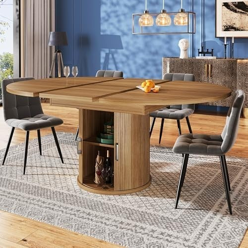 Extendable Round Dining Table Walnut Storage 118-158cm Oval