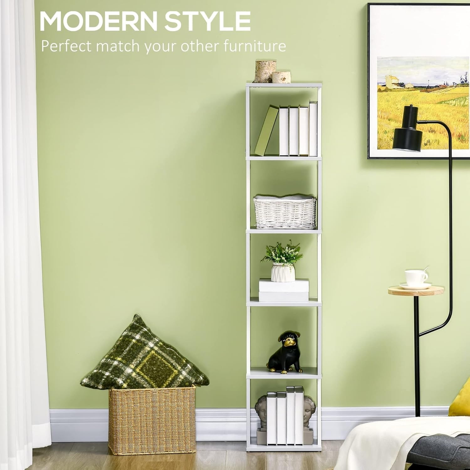 Modern 5-Tier Bookcase Storage Unit with Open Shelves – White & Light Grey