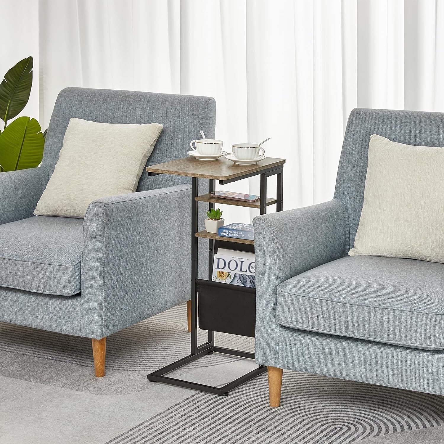 Slim C-Shaped End Table with Storage Bag | Adjustable, Sturdy Metal Frame for Sm