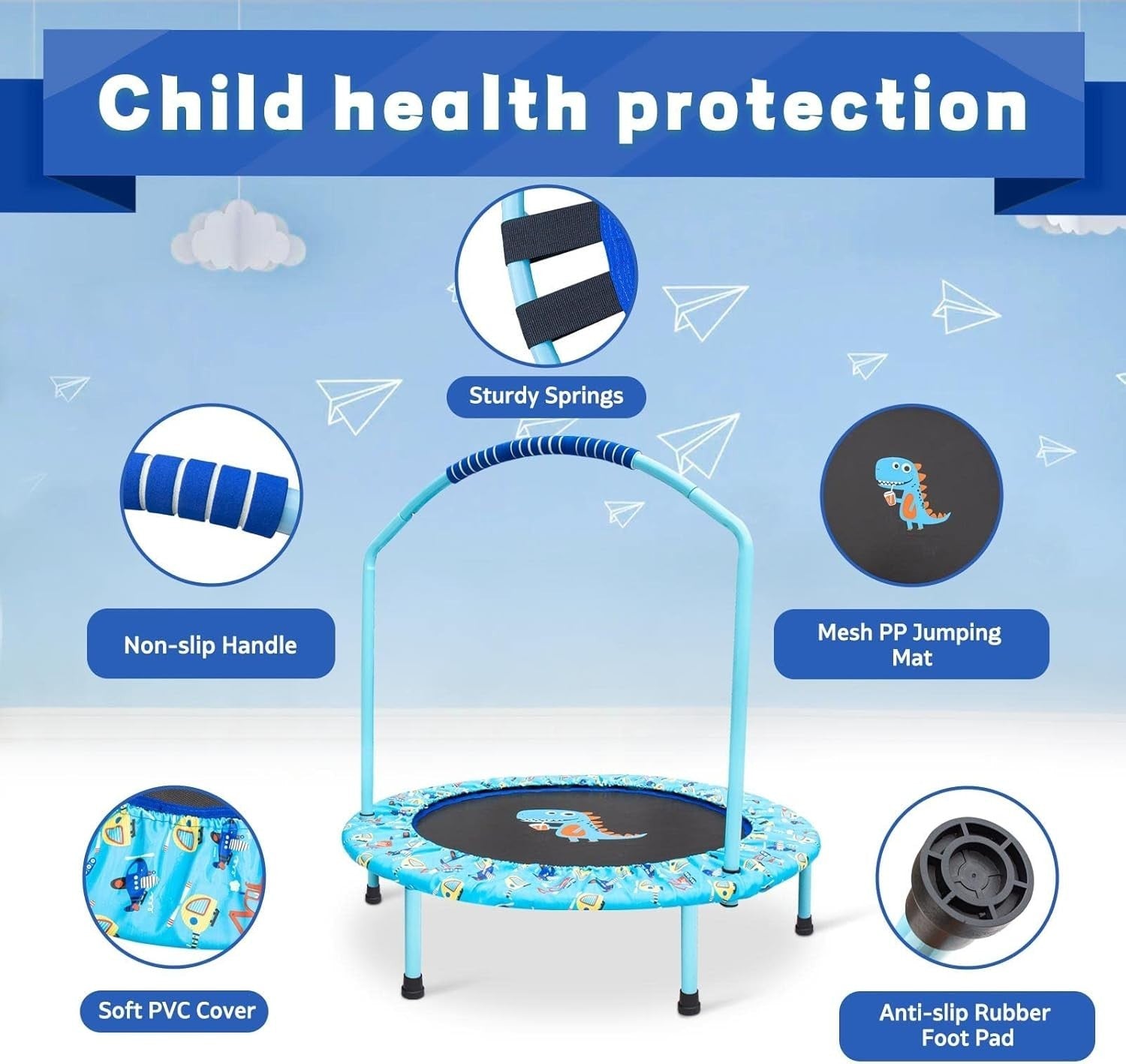 38in Kids Trampoline Foldable Silent Bungee Handle Indoor Outdoor