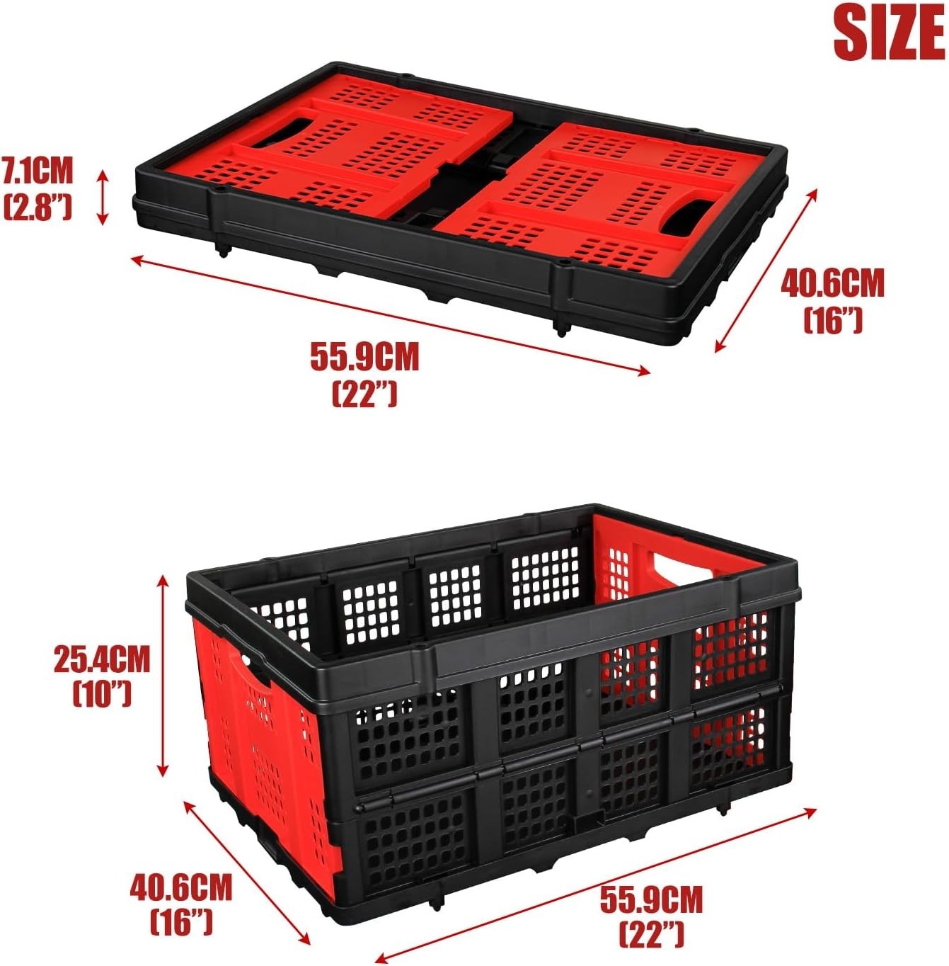 Collapsible Plastic Storage Crate Red Black Foldable Basket Box