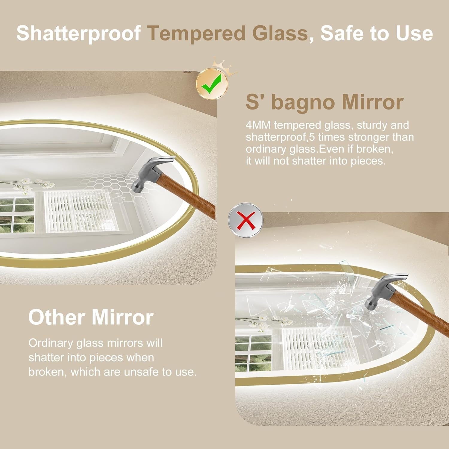 LED Bathroom Mirror 80x80cm Anti-Fog Dimmable Gold Frame Waterproof