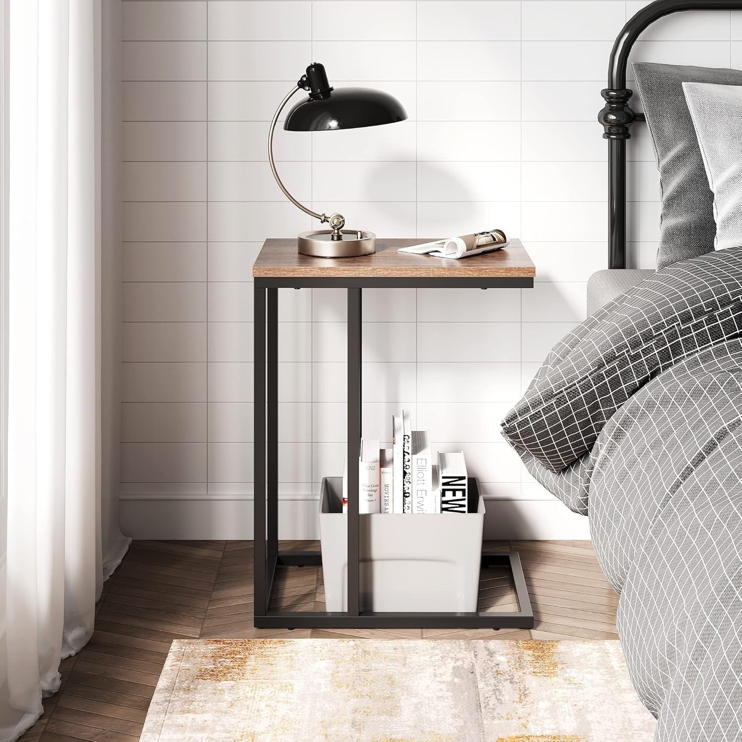 Space-Saving C-Shaped Side Table with 2-Tier Storage, Slim Durable Alloy Steel