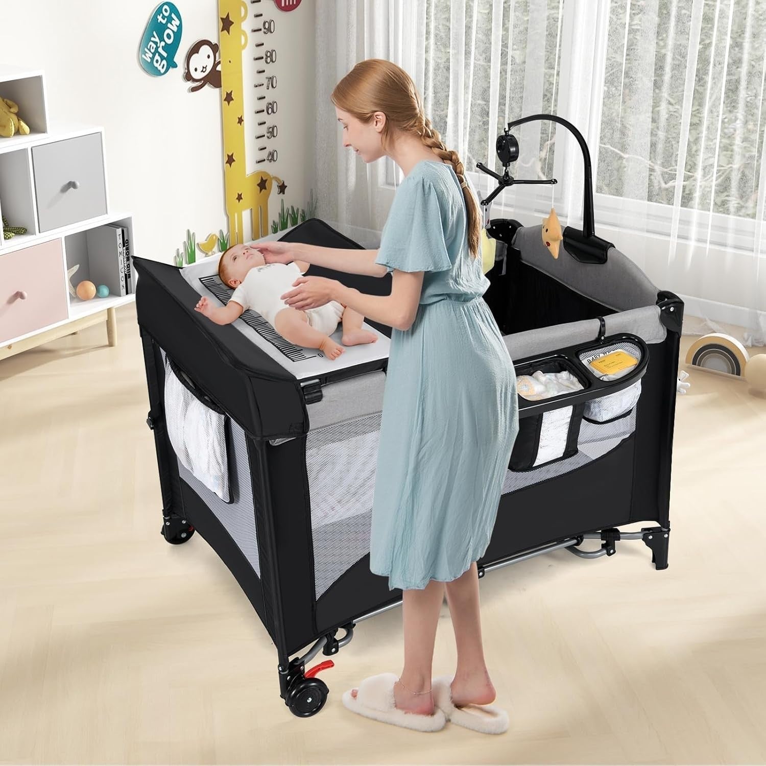 5in1 Travel Cot Baby Bedside Foldable Crib Bassinet Portable Playard Black Grey