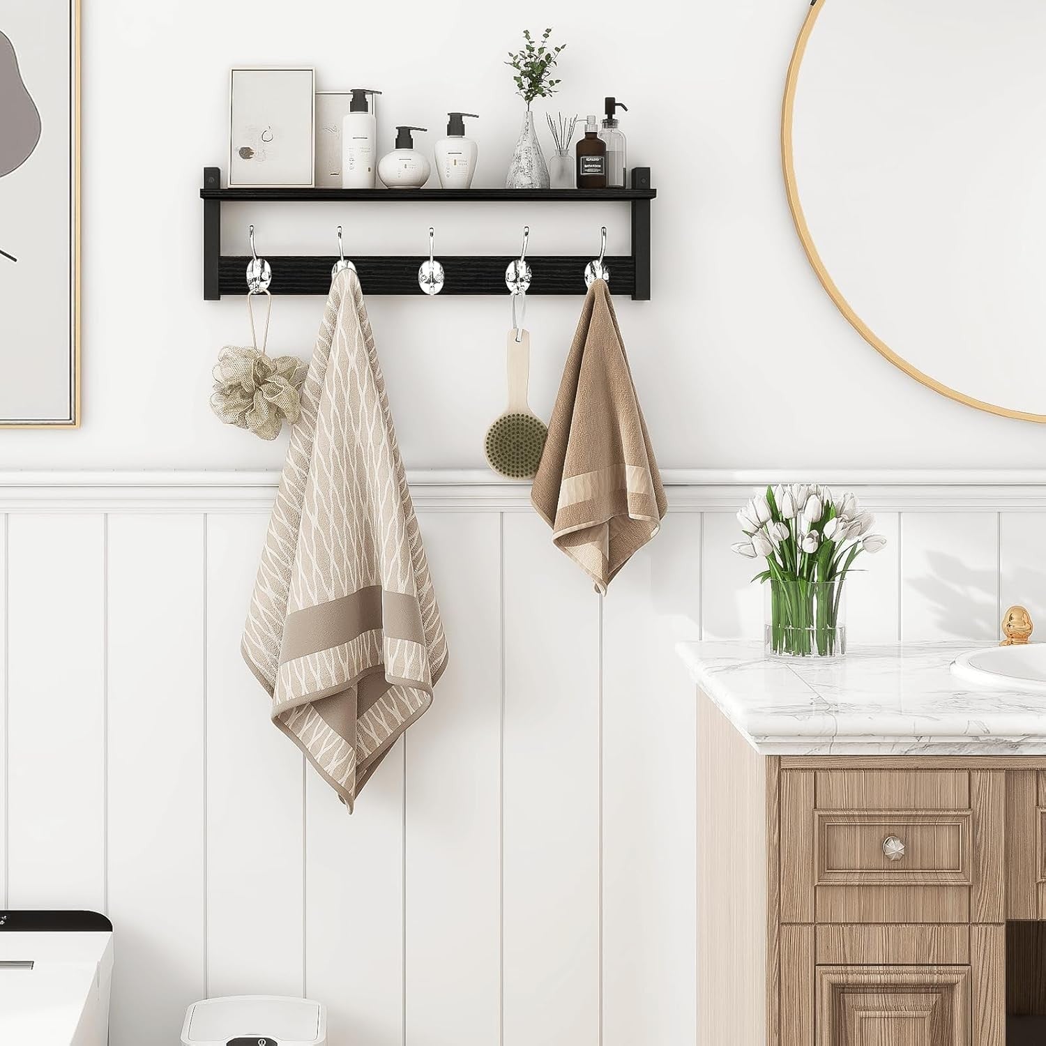 24in Wall Mounted Coat Rack with Shelf Black Entryway Hat Towel Bag Hooks