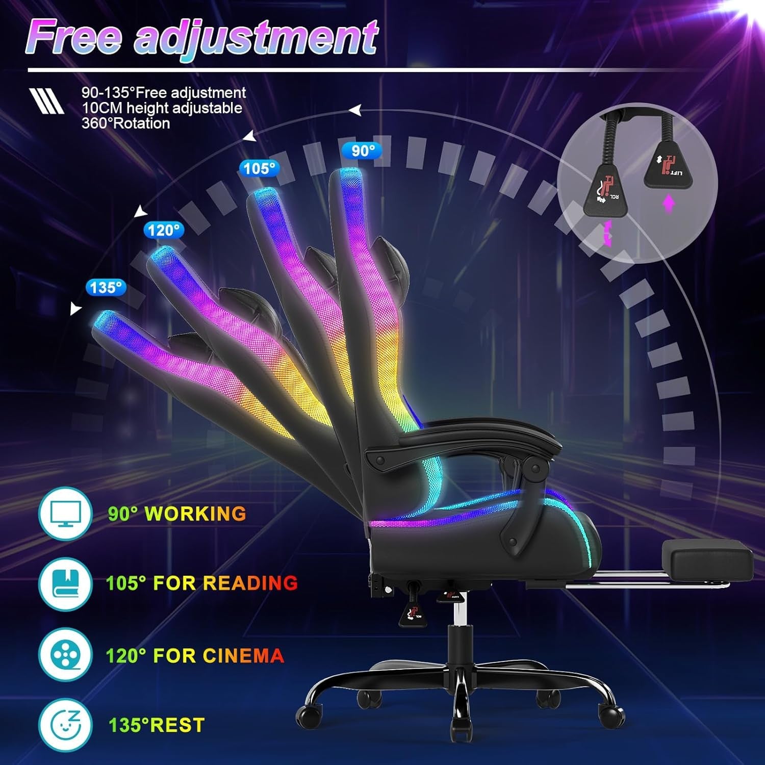 LED Gaming Chair w/ Footrest Massage Reclining RGB Black