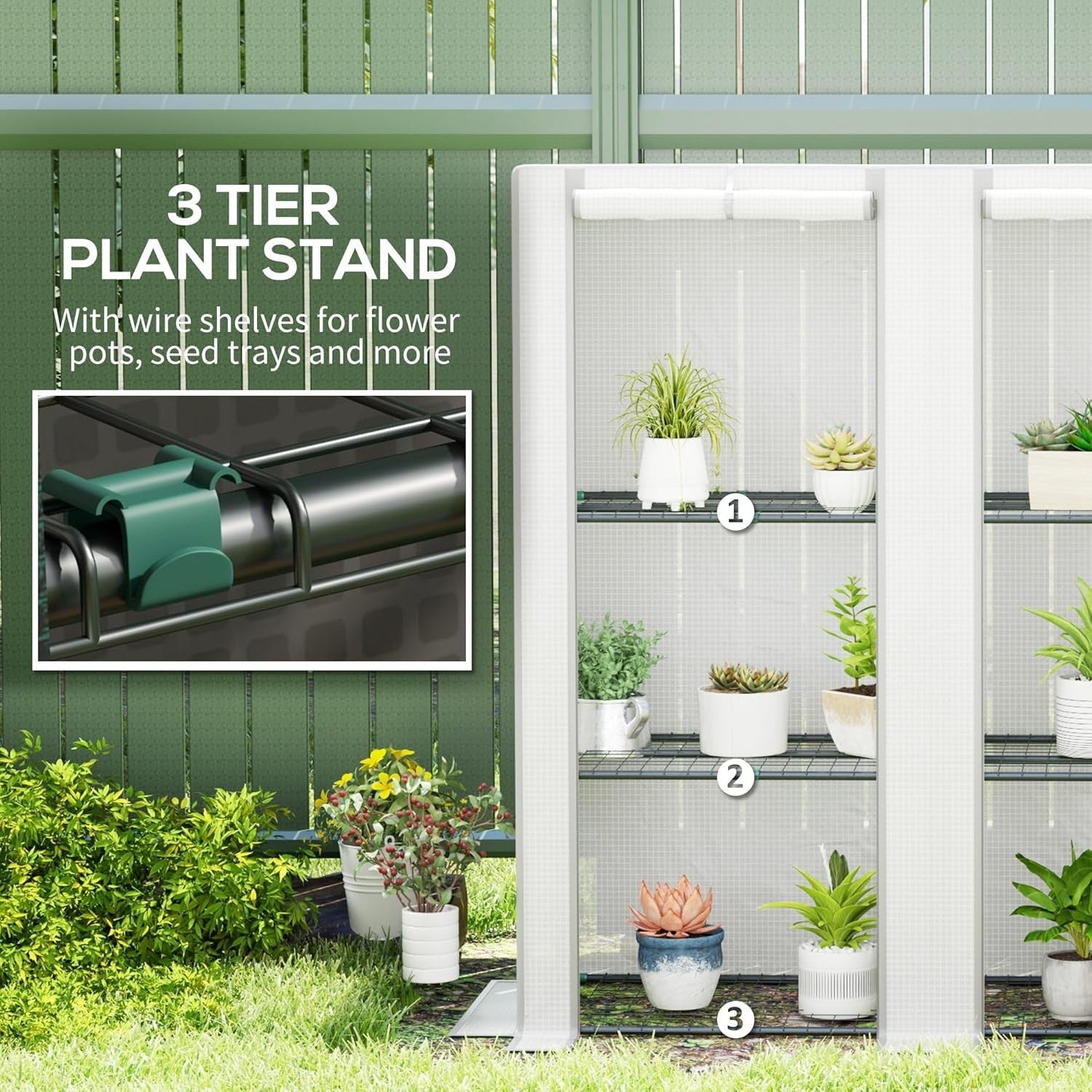 3 Tier Lean-To Mini Greenhouse Reinforced PE Cover Roll-Up Door Grey