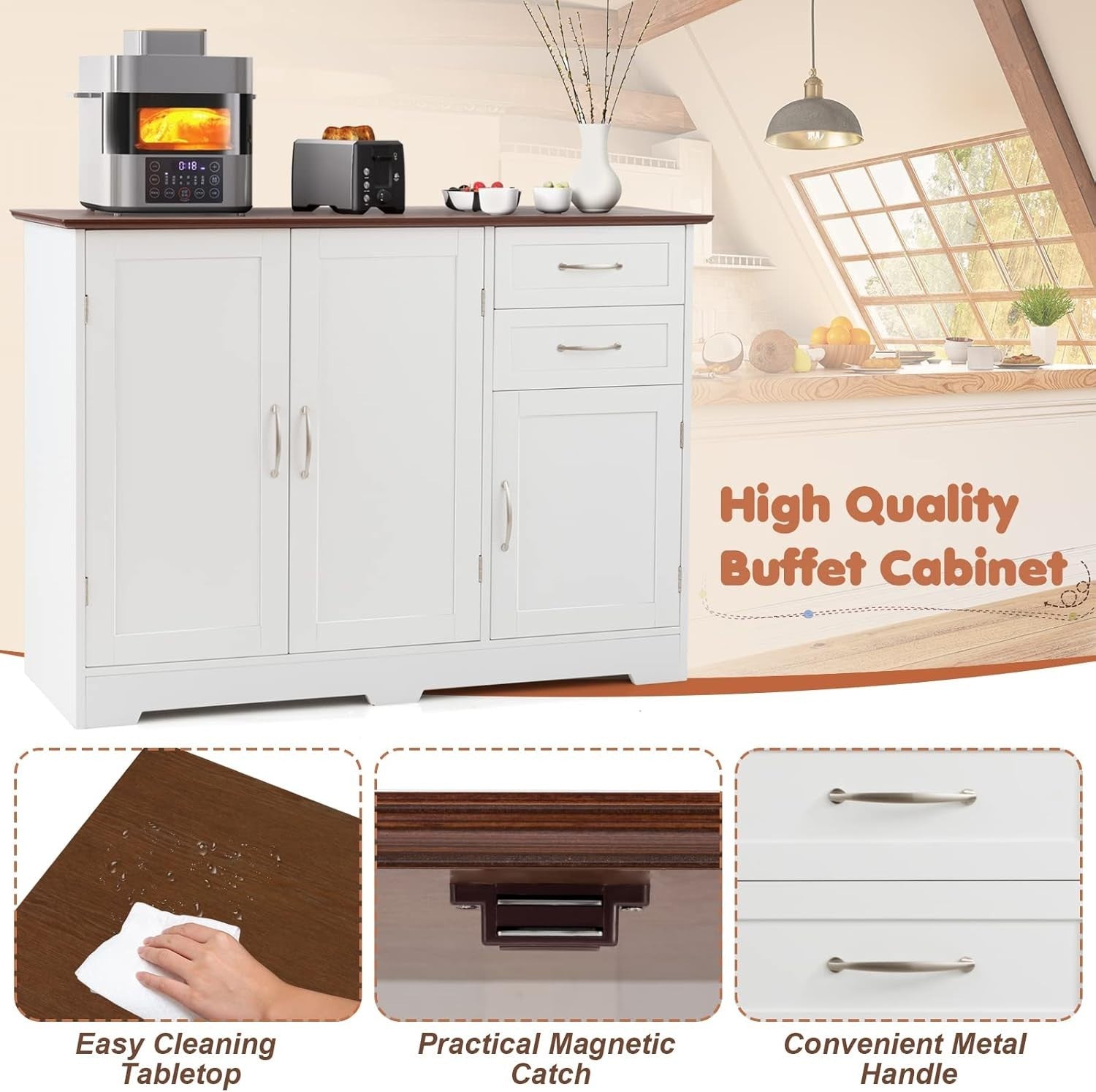 White Red Kitchen Sideboard Cabinet 2 Door 2 Drawer Adjustable Shelf