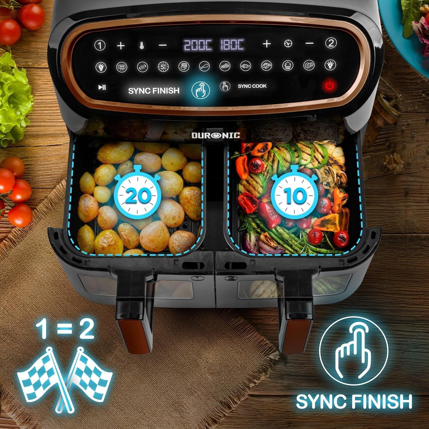 Dual Zone Digital Air Fryer 10L XL Twin Drawer | Viewing Windows 10-in-1 Presets