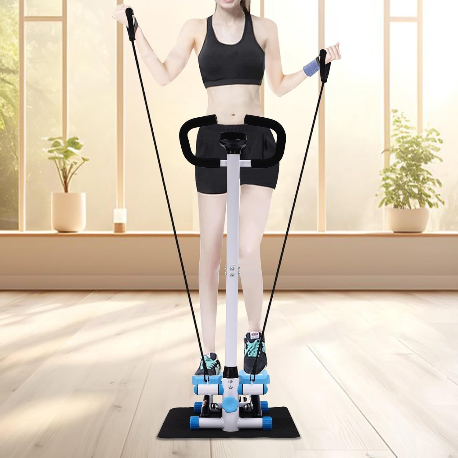 Adjustable Stair Climber Stepper Machine w/ Armrest Display & Resistance Bands