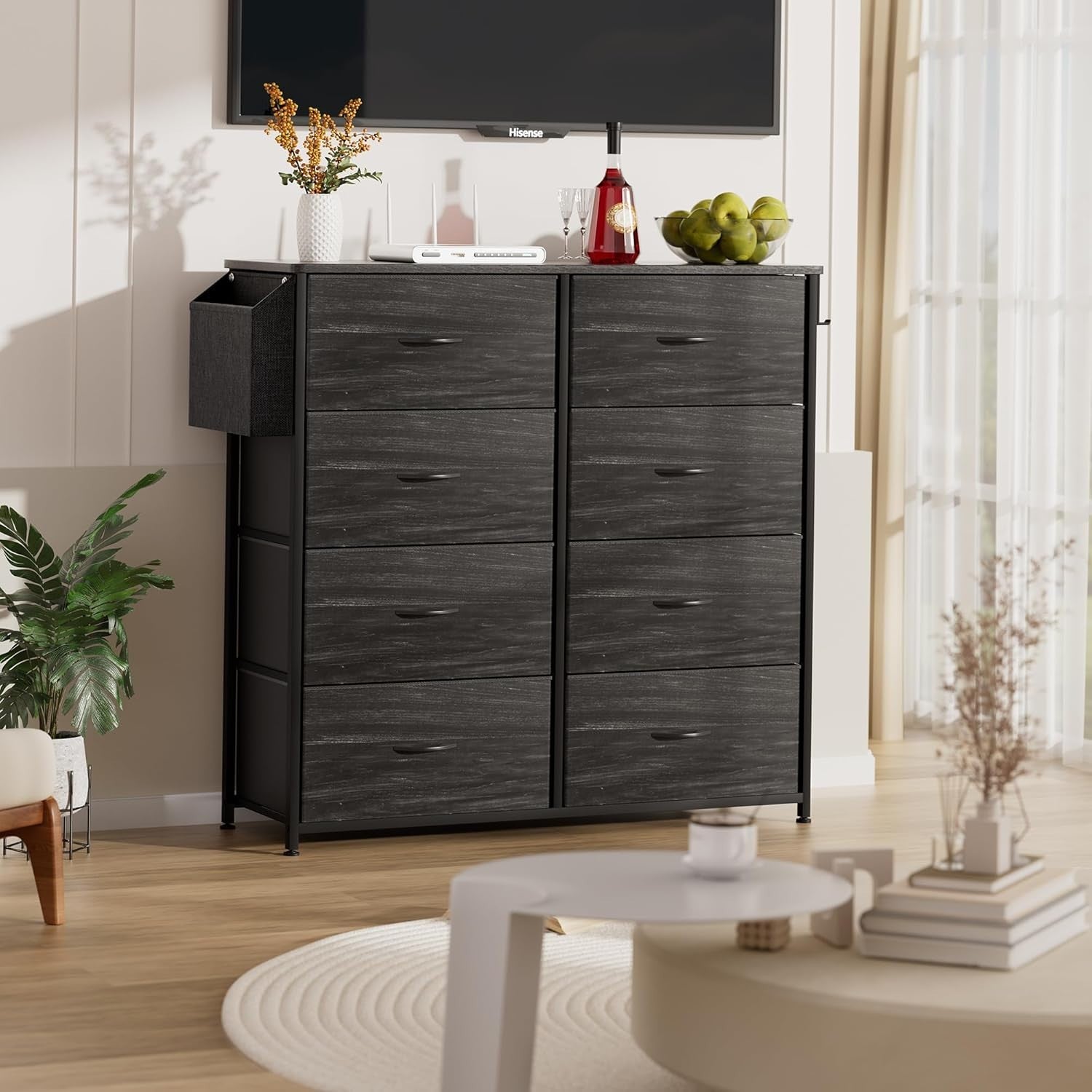 8 Drawer Black Fabric Storage Cabinet w/ Side Pocket 80x30x97cm