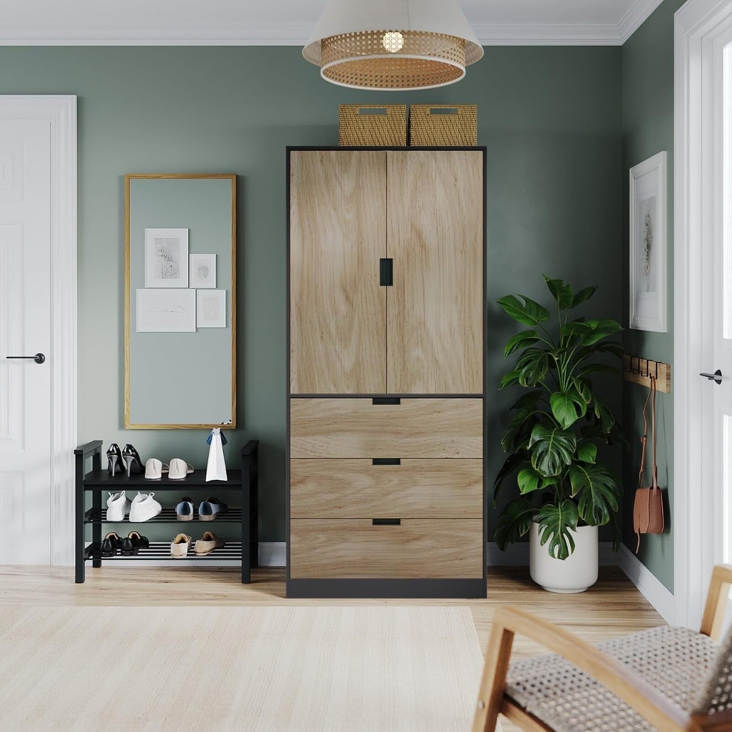 Modern 2 Door Wardrobe Oak Effect with 3 Drawers Hanging Rail 180cm