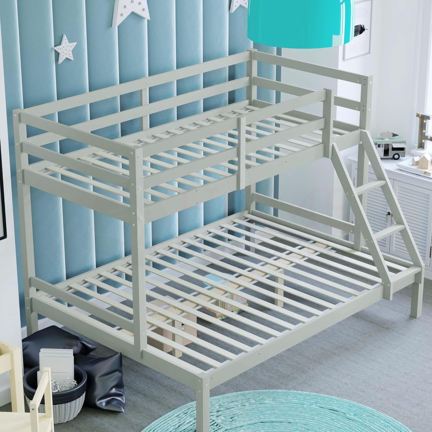 Triple Bunk Bed Grey Wooden Frame Kids Sleeper with Ladder 4FT 3FT Safe