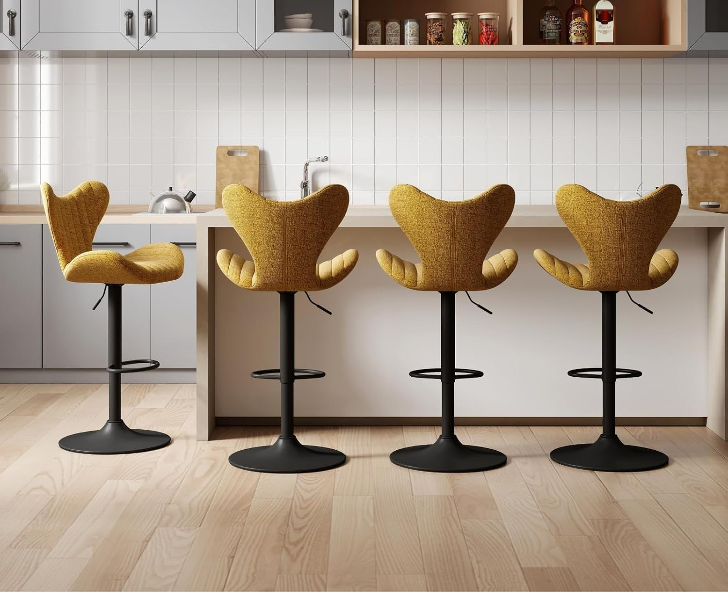 Yellow Wing-Back Bar Stools Set of 2 | Chenille Seat, Swivel & Adjustable