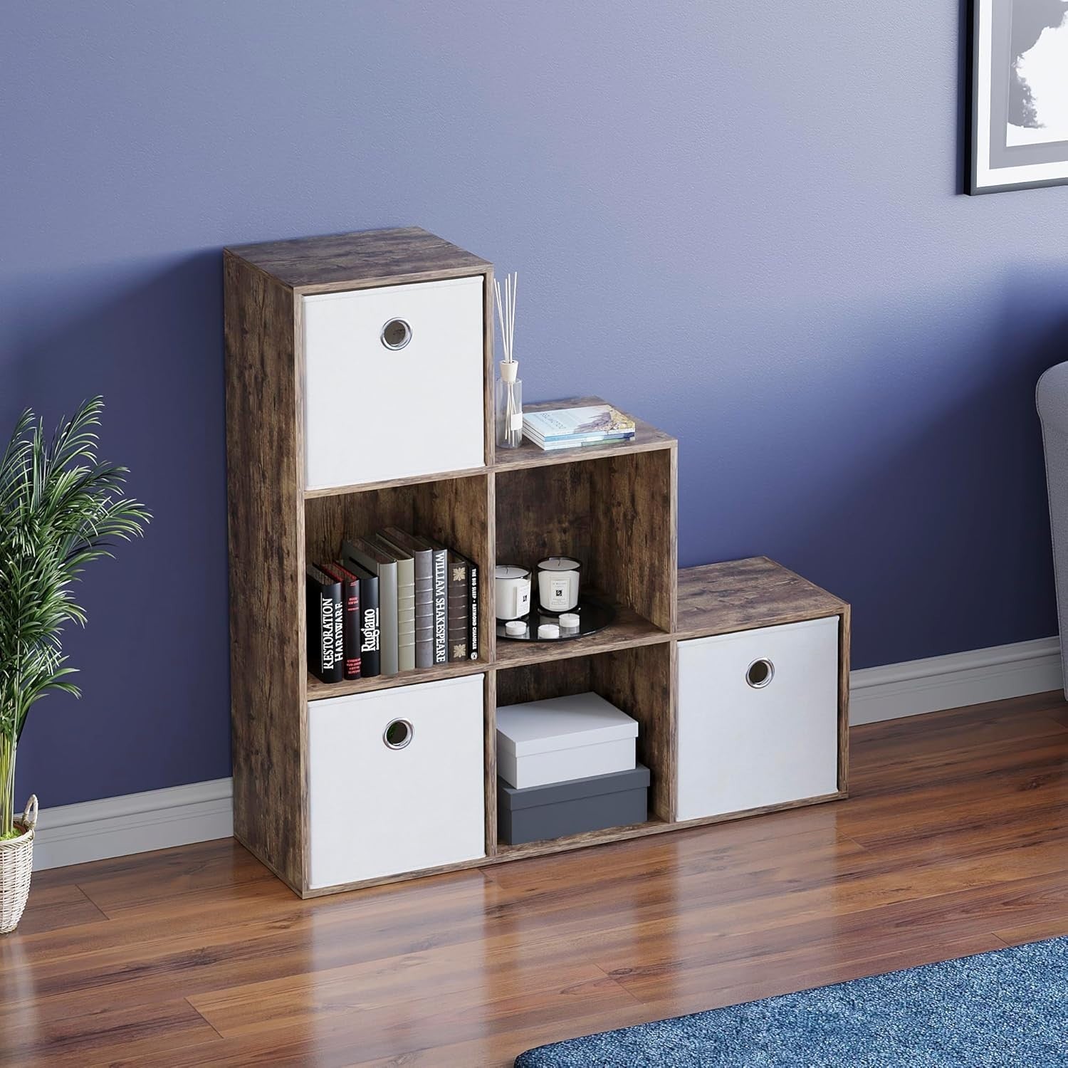Dark Wood 6 Cube Staircase Storage Unit with 3 Baskets – Bookcase Shelf
