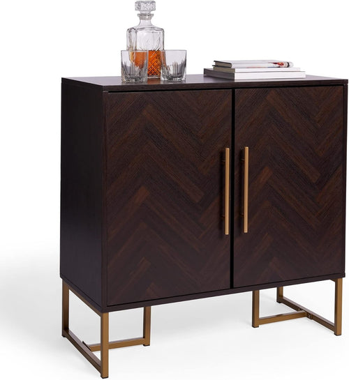 Dark Wood Sideboard Storage Cabinet with Gold Handles, Modern 2-Door Buffet