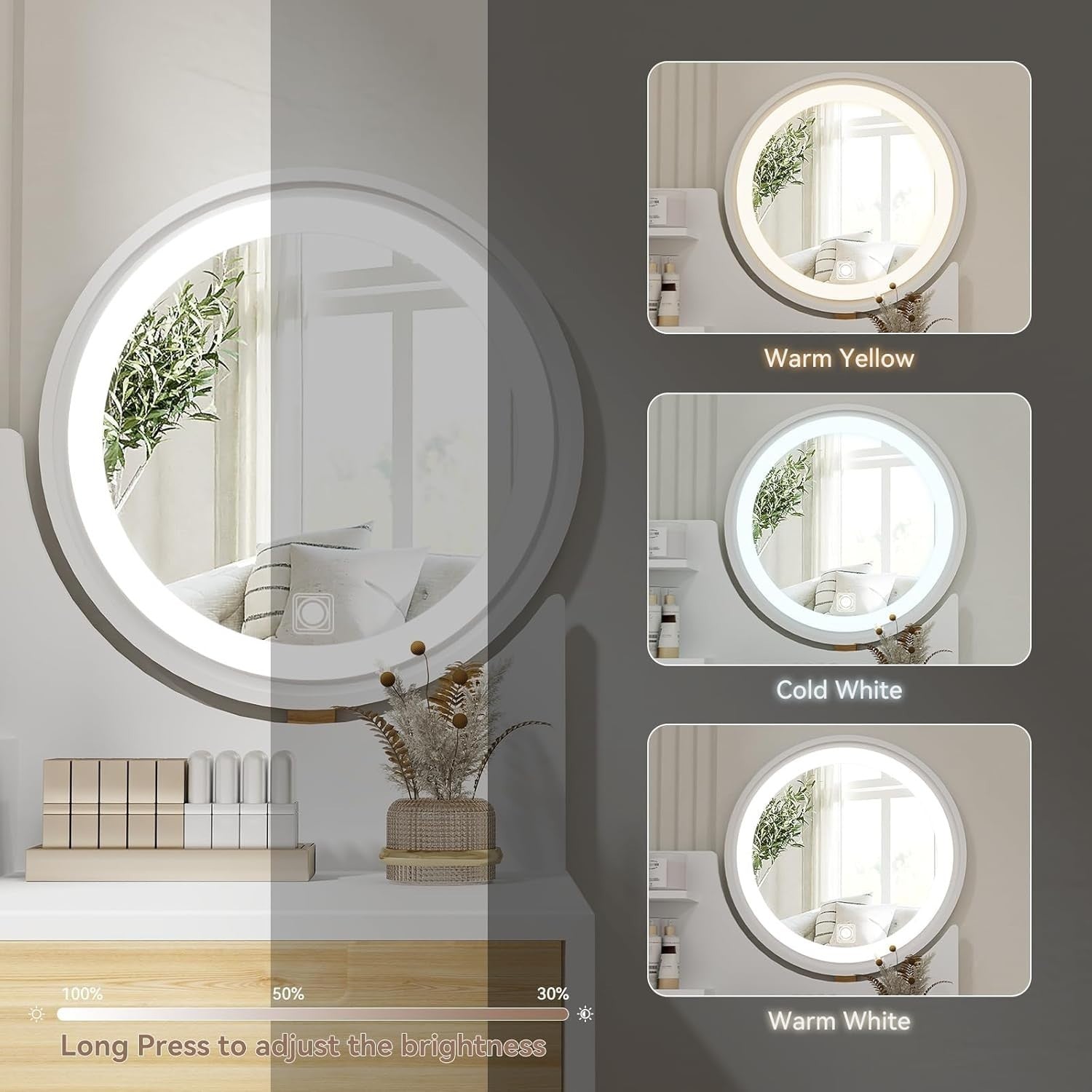 Small Space Vanity Desk Dressing Table Mirror 3-Light Modes Drawer Stool Wood