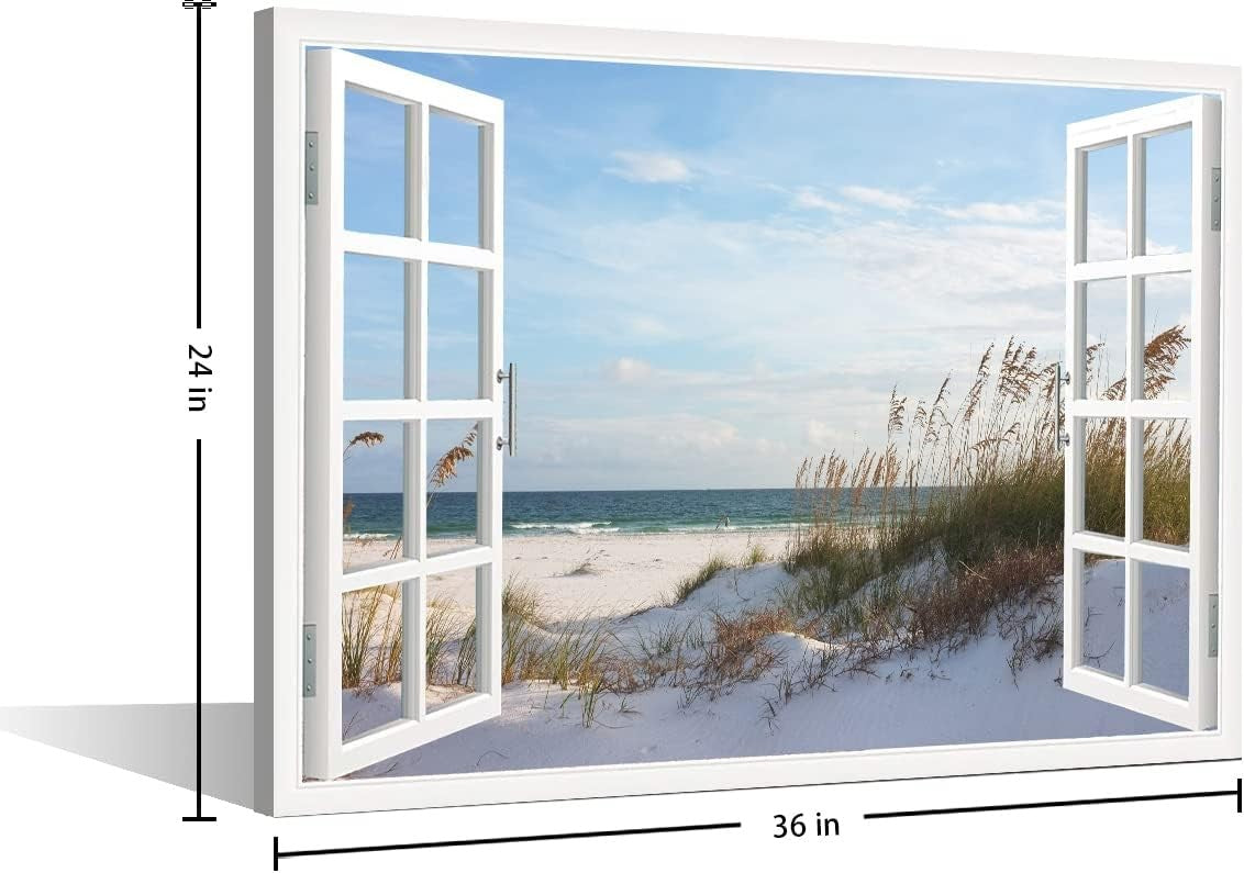 3D Beach Canvas Wall Art 36x24in Modern Window Effect Print