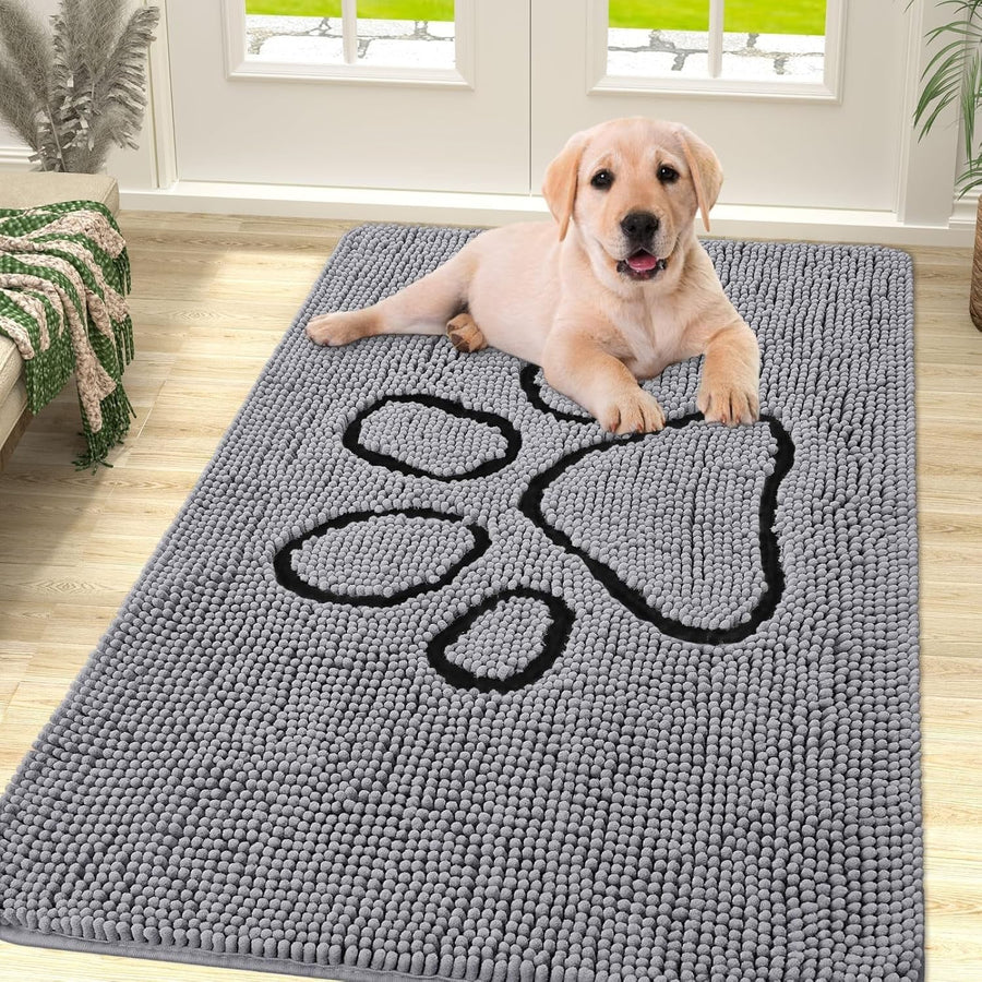 Dog Door Mat Super Absorbent Non Slip Chenille Grey Entrance Rug 76x121cm