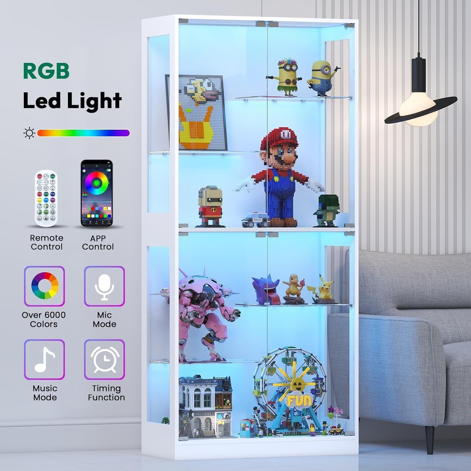 Glass Display Cabinet with RGB LED Lights, Adjustable Shelves & Magnetic Doors