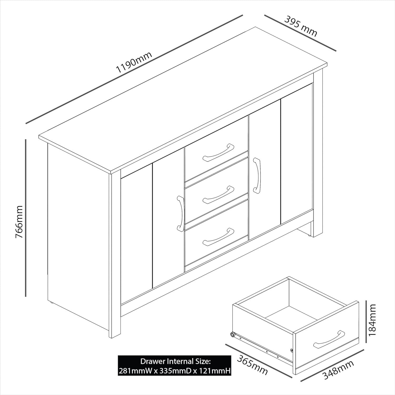 Large Storage Sideboard Cabinet 2 Doors 3 Drawers Adjustable Shelves