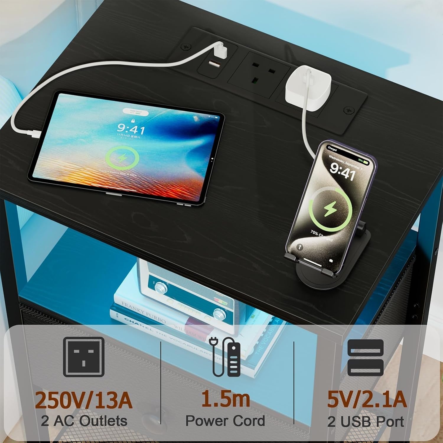 Black LED Bedside Table with Charging Station Drawer & Storage Shelf