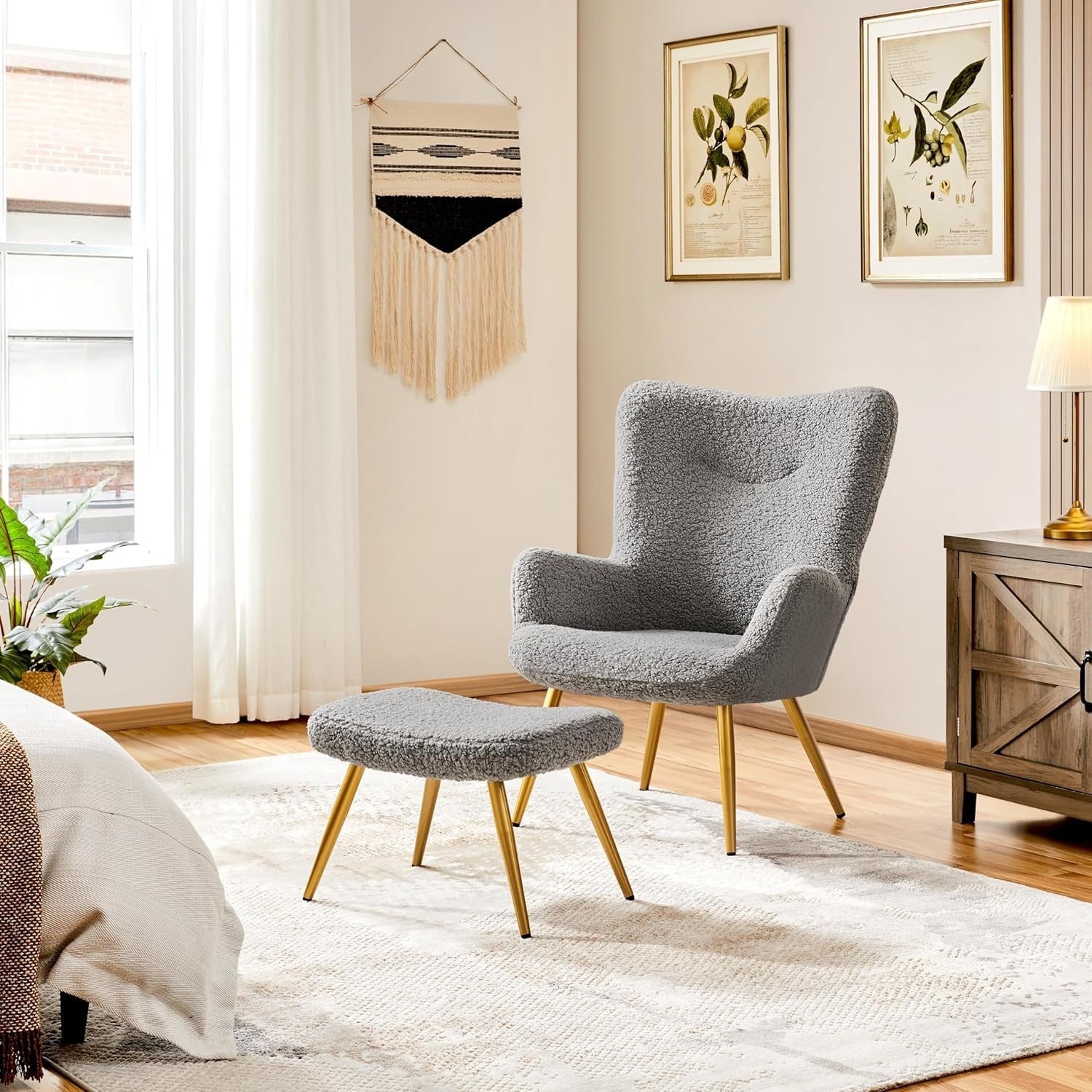 Grey Fuzzy Tub Chair with Ottoman | High Back Lounge Armchair for Living Room