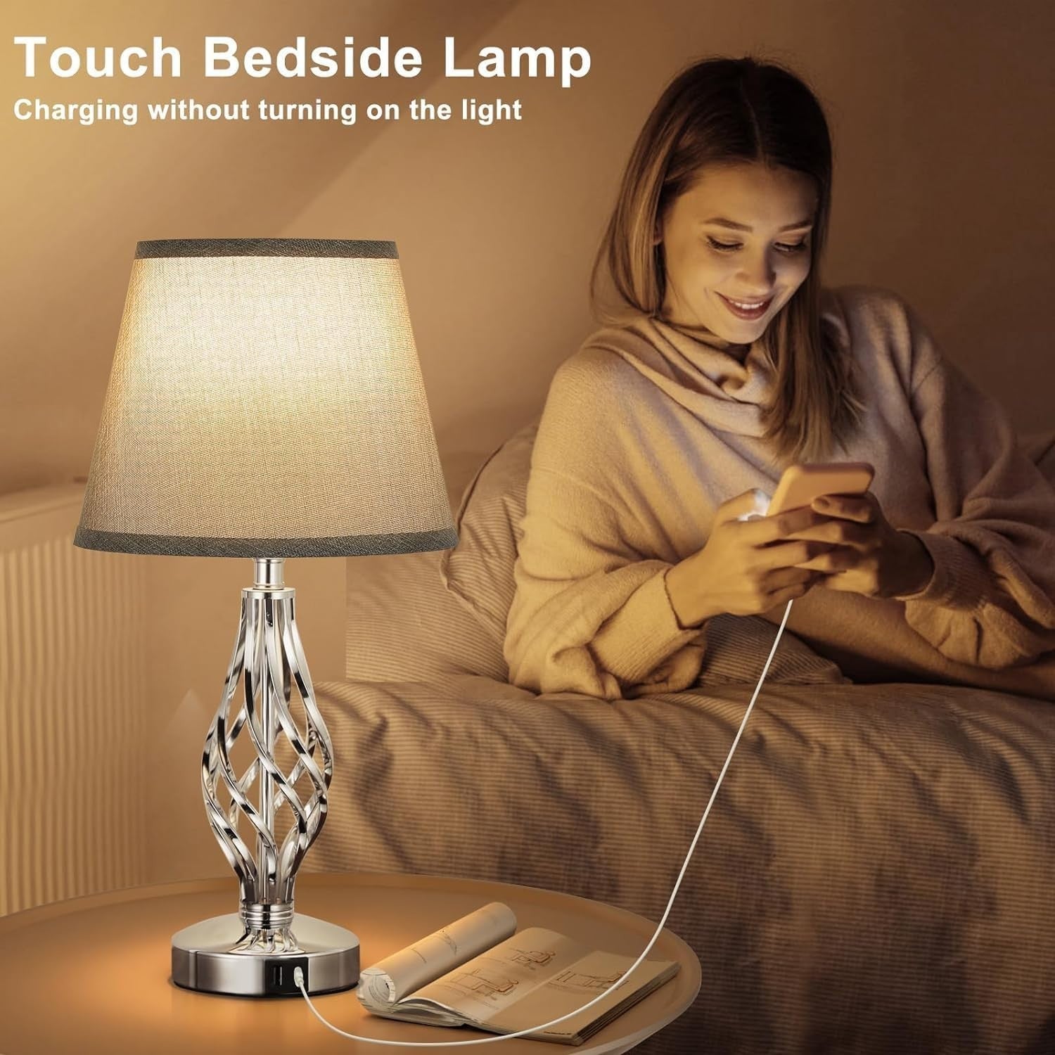 Touch Bedside Lamps Set of 2 USB Charging 3-Way Dimmable Grey Shades