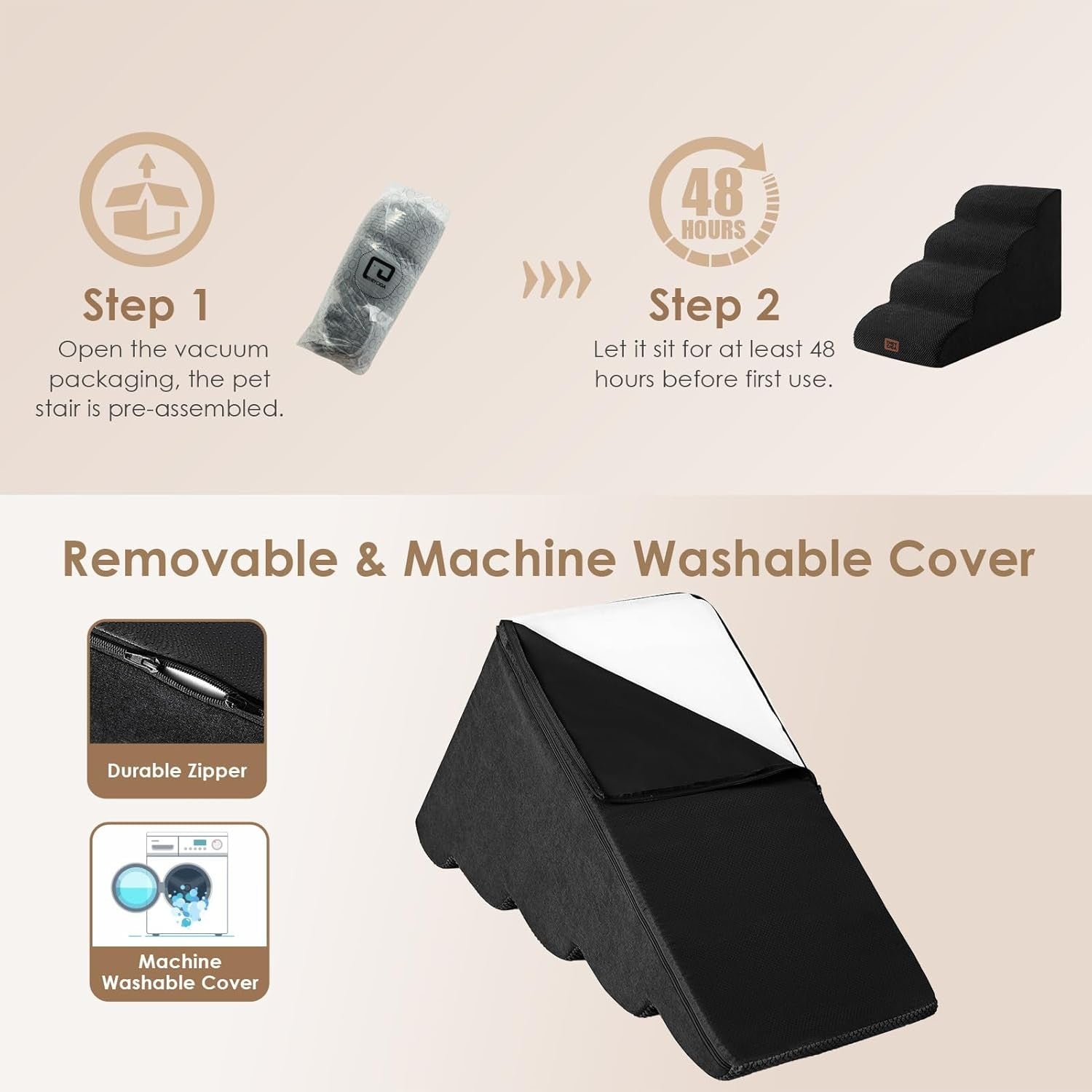 4 Step Dog Stairs for High Bed Non Slip Foam Pet Steps Washable Black