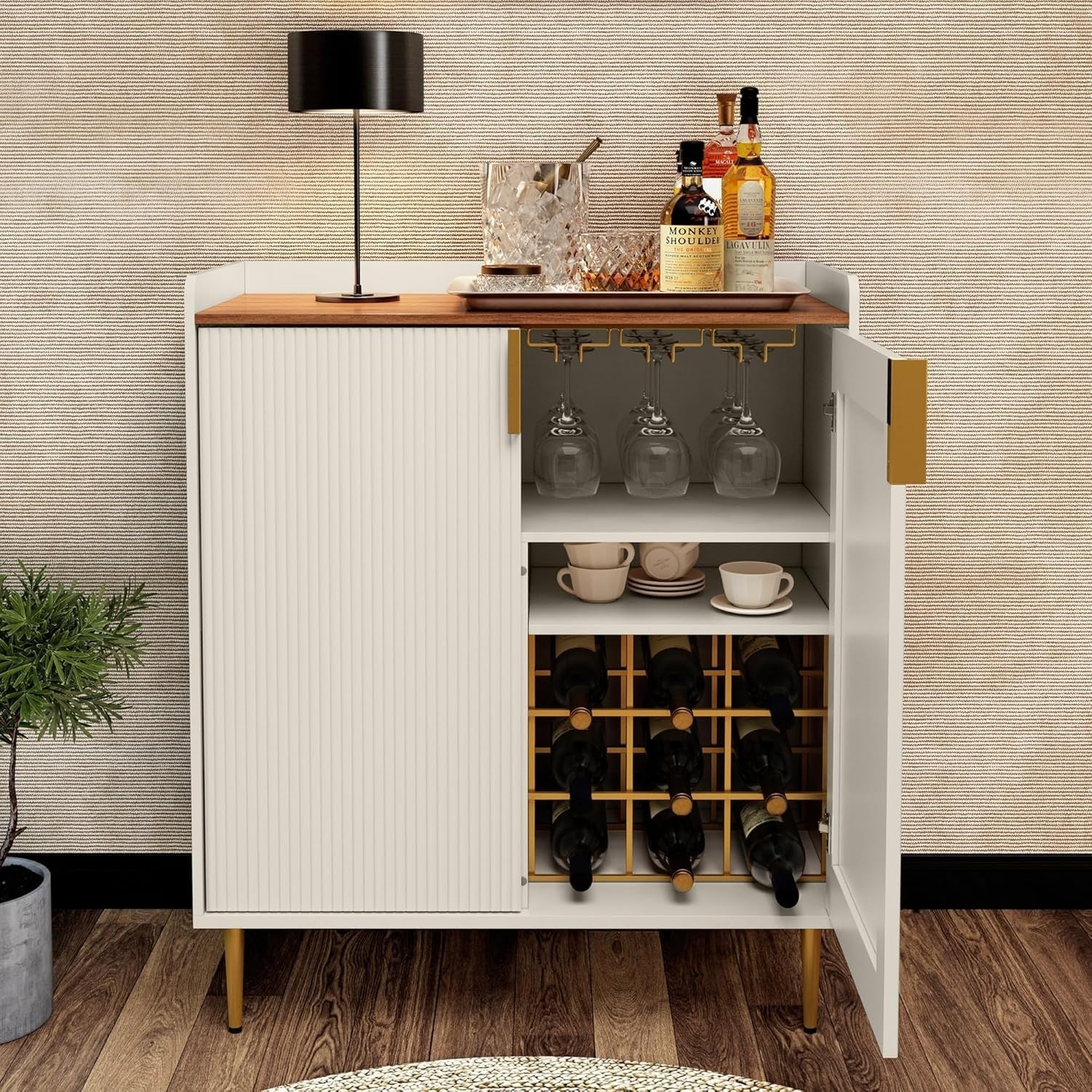 Modern White Drinks Cabinet with Wine Rack & Glass Holders – Sideboard Bar Unit