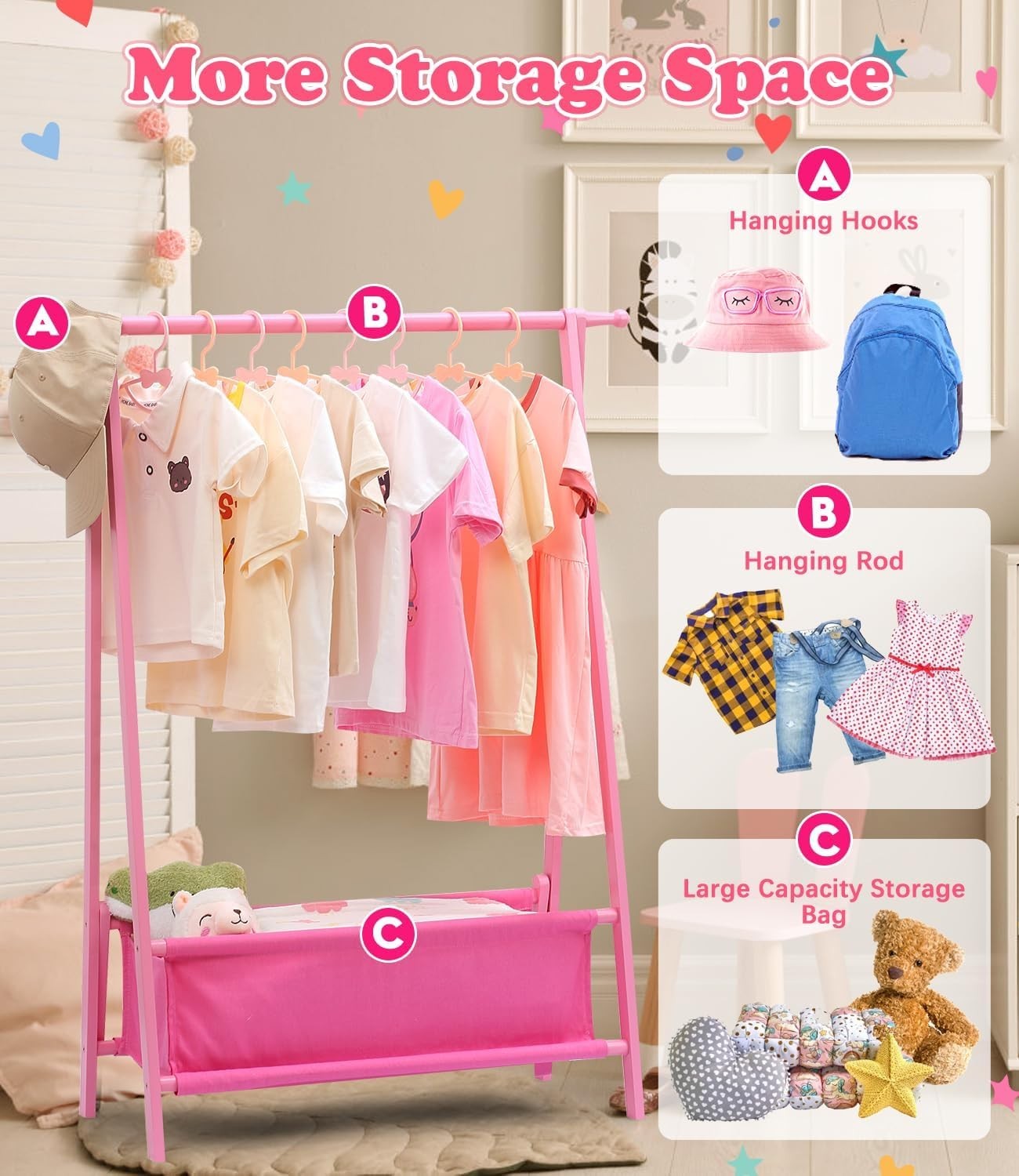 Pink Bamboo Kids Clothes Rack Dress Up Storage Stand
