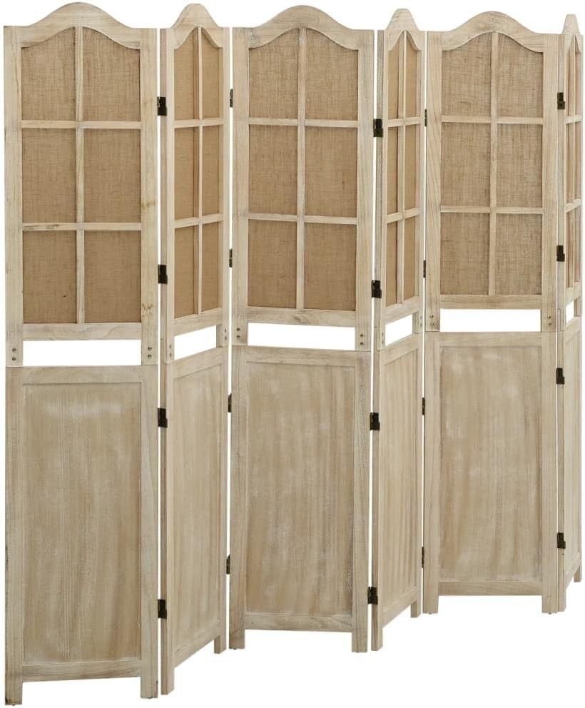 6 Panel Wooden Room Divider 214x165cm Foldable Privacy Screen Brown Fabric