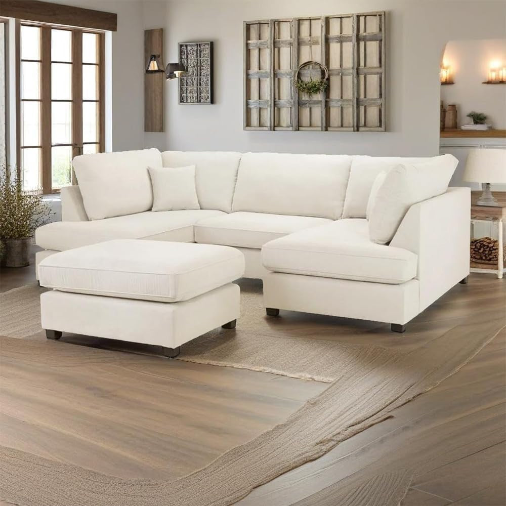 Cream U Shape Corner Sofa 6 Seater – 4pc Modular Cinema Couch with Footstool