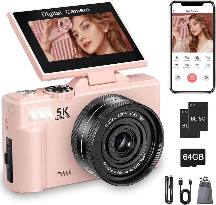 5K 75MP Vlogging Camera WiFi Flip Screen Pink Camera 64GB Kit