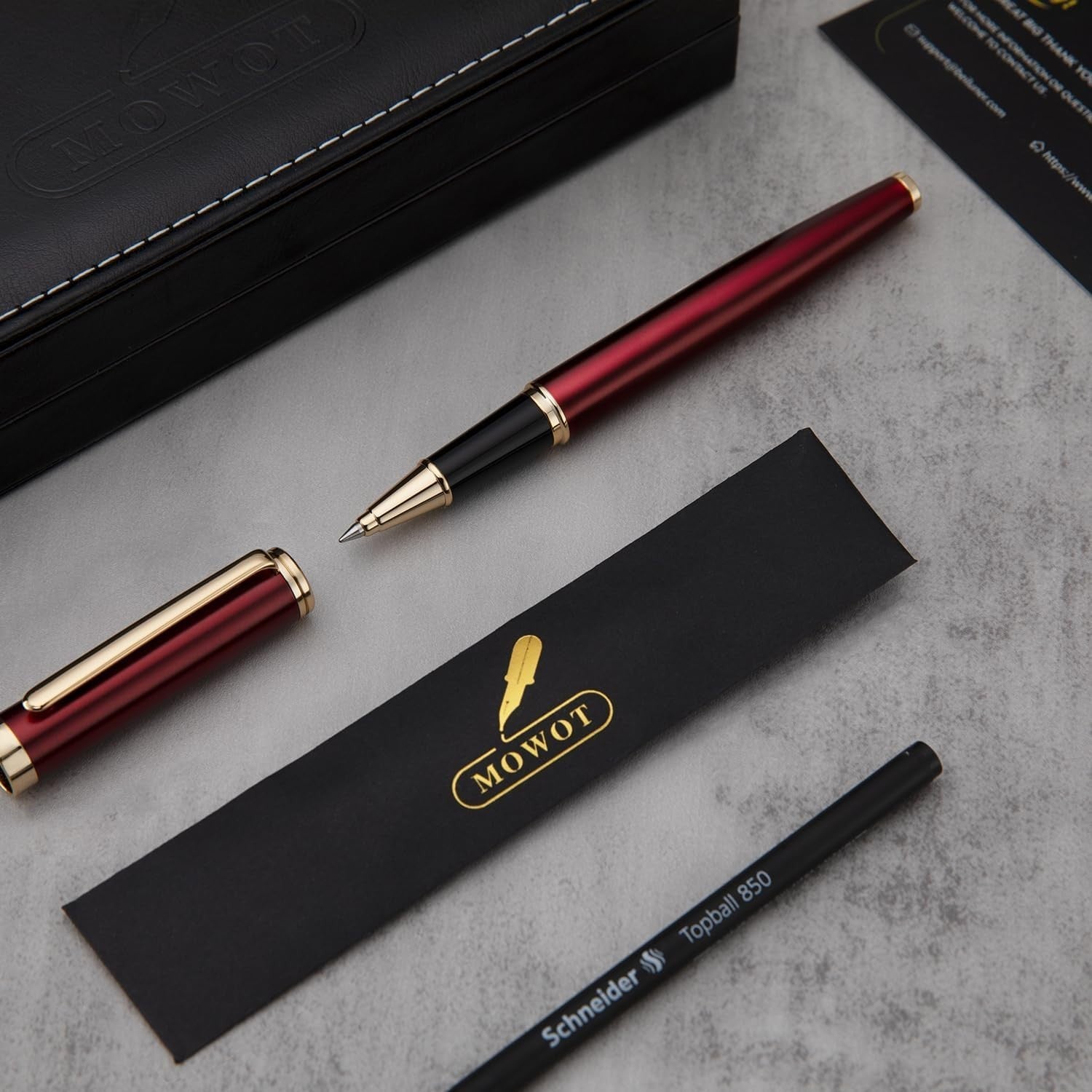 Luxury Rollerball Pen Red 24K Gold Trim Refillable Metal Leather Model